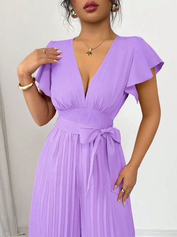 Women V-Neck Flared Ruffle Sleeve Pleated Wide Leg Romper
