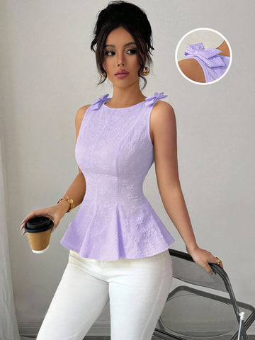 Woven Texture Floral Print Women's Top With Bowknot Shoulder Strap