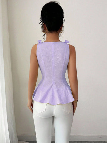 Woven Texture Floral Print Women's Top With Bowknot Shoulder Strap