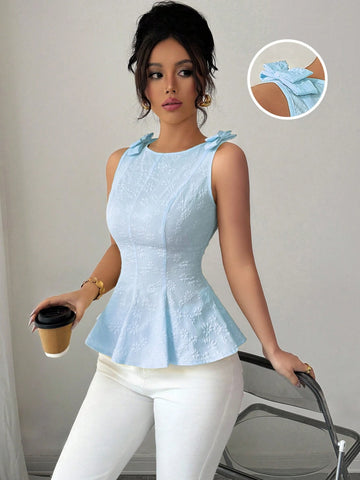 Woven Texture Floral Print Women's Top With Bowknot Shoulder Strap