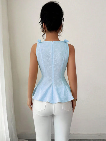 Woven Texture Floral Print Women's Top With Bowknot Shoulder Strap