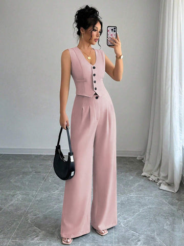 Elenzga Casual Minimalist Solid Color Sleeveless Blazer & Pants Suit Set