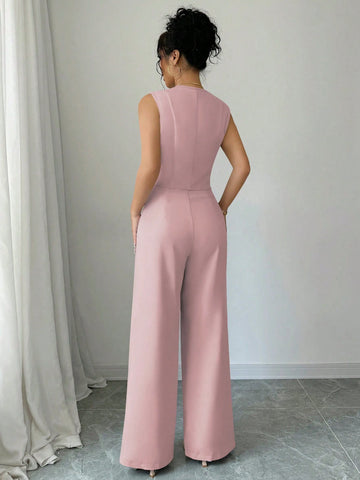 Elenzga Casual Minimalist Solid Color Sleeveless Blazer & Pants Suit Set