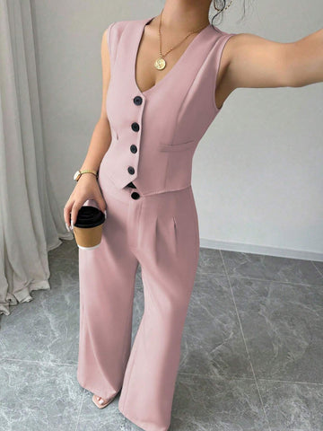 Elenzga Casual Minimalist Solid Color Sleeveless Blazer & Pants Suit Set