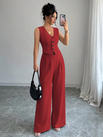 Elenzga Casual Minimalist Solid Color Sleeveless Blazer & Pants Suit Set