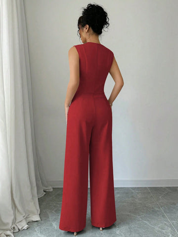 Elenzga Casual Minimalist Solid Color Sleeveless Blazer & Pants Suit Set
