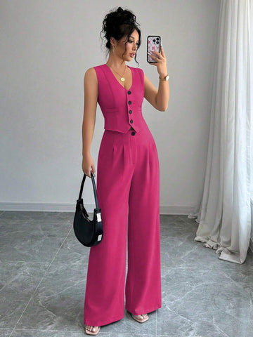 Elenzga Casual Minimalist Solid Color Sleeveless Blazer & Pants Suit Set