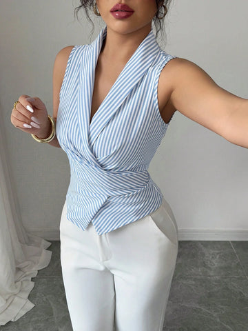 Women's Sleeveless V-Neck Tie Waist Bow Elegant Blouse