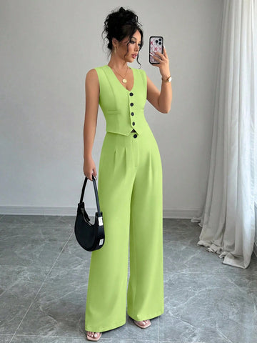 Elenzga Casual Minimalist Solid Color Sleeveless Blazer & Pants Suit Set