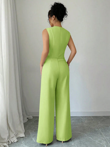 Elenzga Casual Minimalist Solid Color Sleeveless Blazer & Pants Suit Set