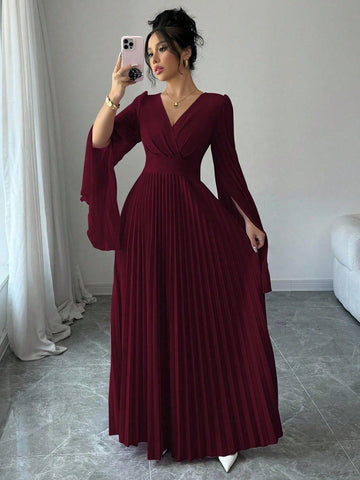 Elenzga V-Neck Pleated Open Sleeve Elegant Romantic Women Dress