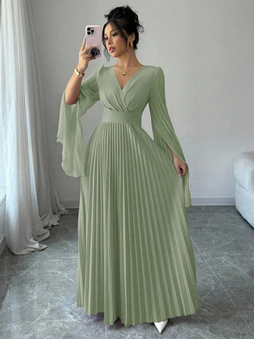 Elenzga V-Neck Pleated Open Sleeve Elegant Romantic Women Dress