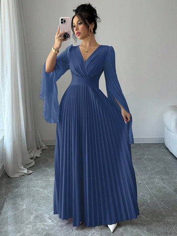 Elenzga V-Neck Pleated Open Sleeve Elegant Romantic Women Dress
