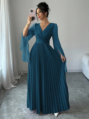 Elenzga V-Neck Pleated Open Sleeve Elegant Romantic Women Dress
