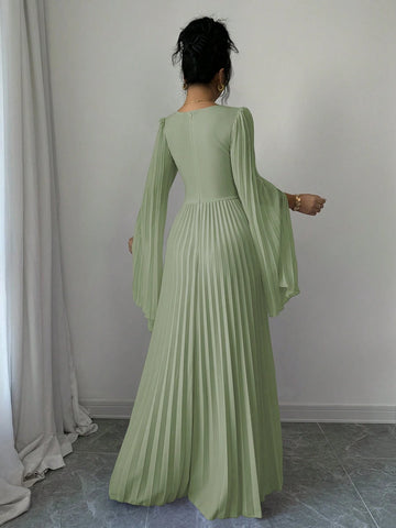 Elenzga V-Neck Pleated Open Sleeve Elegant Romantic Women Dress