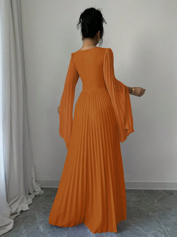 Elenzga V-Neck Pleated Open Sleeve Elegant Romantic Women Dress
