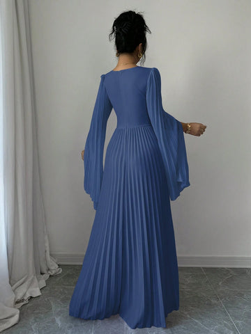 Elenzga V-Neck Pleated Open Sleeve Elegant Romantic Women Dress