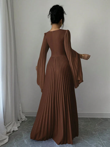 Elenzga V-Neck Pleated Open Sleeve Elegant Romantic Women Dress