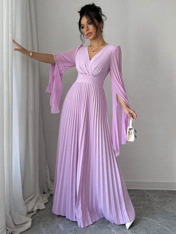 Elenzga V-Neck Pleated Open Sleeve Elegant Romantic Women Dress
