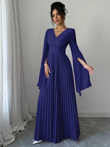 Elenzga V-Neck Pleated Open Sleeve Elegant Romantic Women Dress