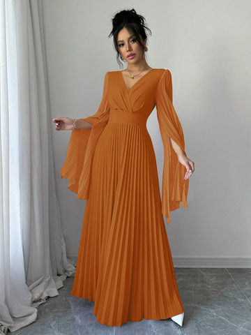 Elenzga V-Neck Pleated Open Sleeve Elegant Romantic Women Dress
