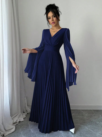 Elenzga V-Neck Pleated Open Sleeve Elegant Romantic Women Dress