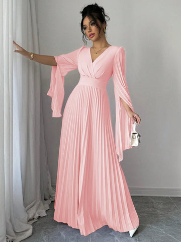 Elenzga V-Neck Pleated Open Sleeve Elegant Romantic Women Dress