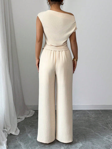 Elegant One-Shoulder Sleeveless Asymmetric Hem Fitted Top And Relaxed Straight Leg Pants