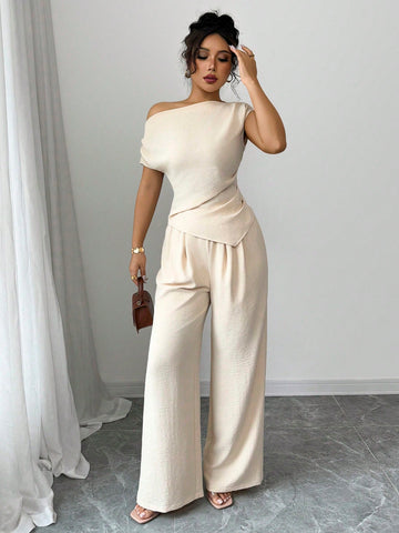 Elegant One-Shoulder Sleeveless Asymmetric Hem Fitted Top And Relaxed Straight Leg Pants