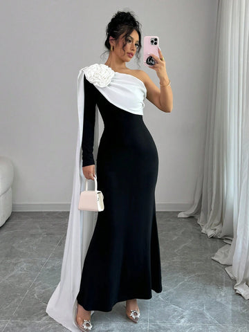 Elenzga Women Dress With Asymmetrical Open Shoulder & 3D Floral Design Maxi Women Outfit