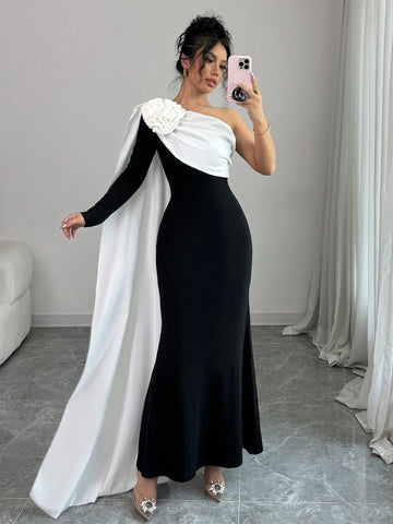 Elenzga Women Dress With Asymmetrical Open Shoulder & 3D Floral Design Maxi Women Outfit