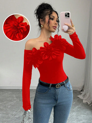 Elenzga Foldover Shoulder Floral Decor Fitted Long Sleeve Women T-Shirt