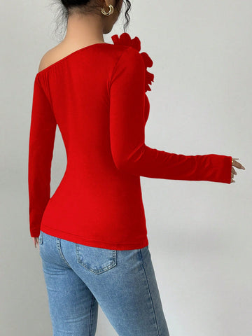 Elenzga Foldover Shoulder Floral Decor Fitted Long Sleeve Women T-Shirt