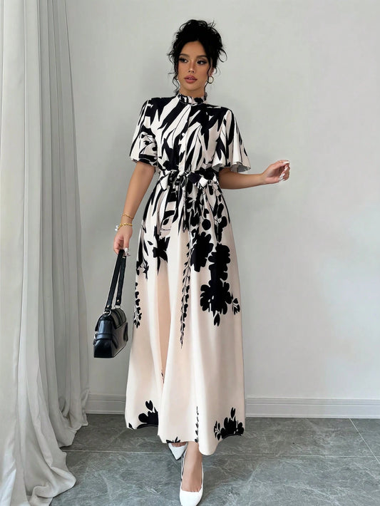 Women Printed Cap Sleeve Ruffle Trim Tie-Waist Vacation Style Round Neck Casual Dress