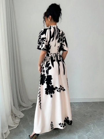 Women Printed Cap Sleeve Ruffle Trim Tie-Waist Vacation Style Round Neck Casual Dress