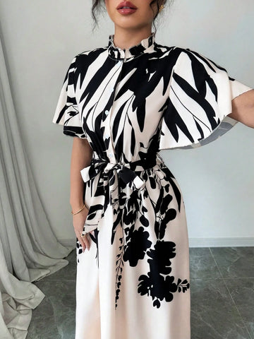 Women Printed Cap Sleeve Ruffle Trim Tie-Waist Vacation Style Round Neck Casual Dress