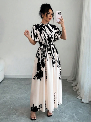 Women Printed Cap Sleeve Ruffle Trim Tie-Waist Vacation Style Round Neck Casual Dress