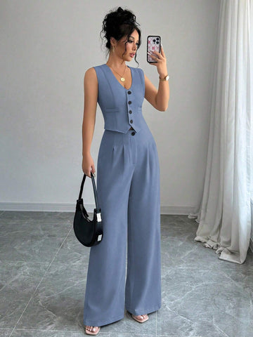 Elenzga Casual Minimalist Solid Color Sleeveless Blazer & Pants Suit Set