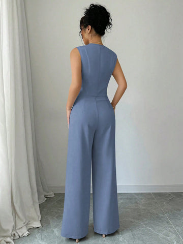 Elenzga Casual Minimalist Solid Color Sleeveless Blazer & Pants Suit Set