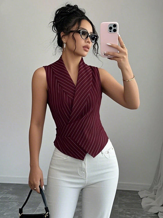 Women Striped Shawl Collar Sleeveless Casual Shirt