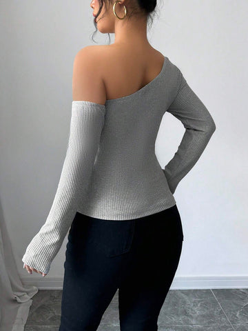 Women's Elegant 3D Flower Decorate Oblique Shoulder Long Sleeve T-Shirt