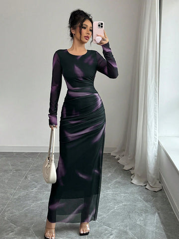 Women's Elegant Elastic Ombre Printed Mesh Ruched Bodycon Maxi Dress