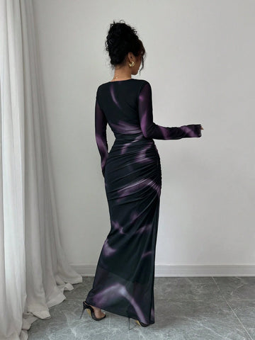 Women's Elegant Elastic Ombre Printed Mesh Ruched Bodycon Maxi Dress
