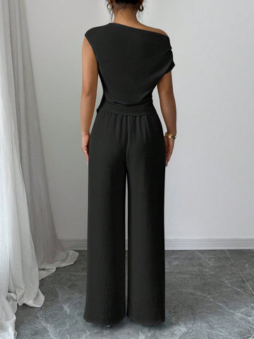 Elegant One-Shoulder Sleeveless Asymmetric Hem Fitted Top And Relaxed Straight Leg Pants