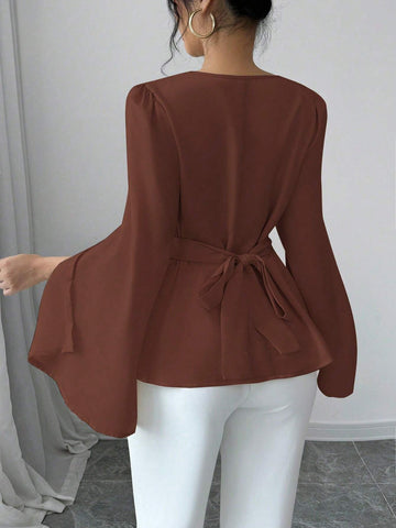 Elenzga Elegant Solid Color Draped Collar Poncho Black Blouse