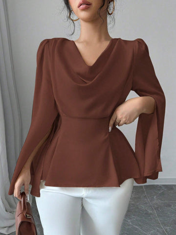 Elenzga Elegant Solid Color Draped Collar Poncho Black Blouse