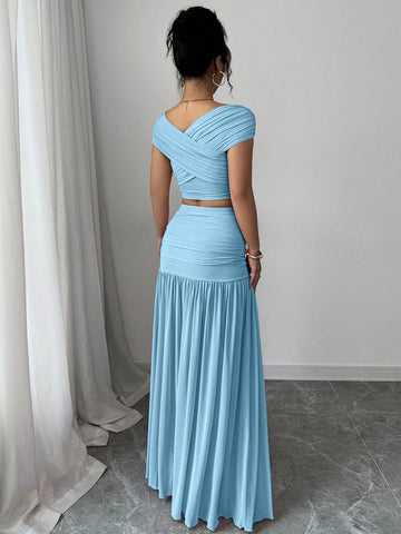 2pcs/Set Women Solid Color Fitted Simple Top And Skirt