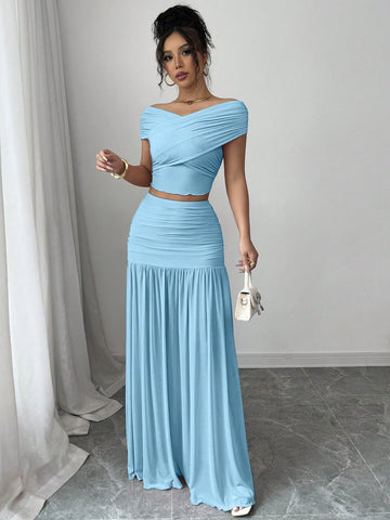 2pcs/Set Women Solid Color Fitted Simple Top And Skirt