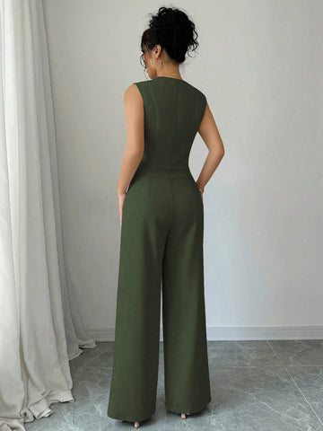 Elenzga Casual Minimalist Solid Color Sleeveless Blazer & Pants Suit Set