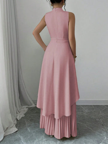 2pcs Women Solid Color Stand Collar High Low Sleeveless Top And Pleated Long Pants